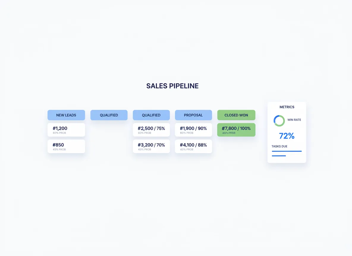 Agency CRM pipeline automation view with deal stages and tasks.